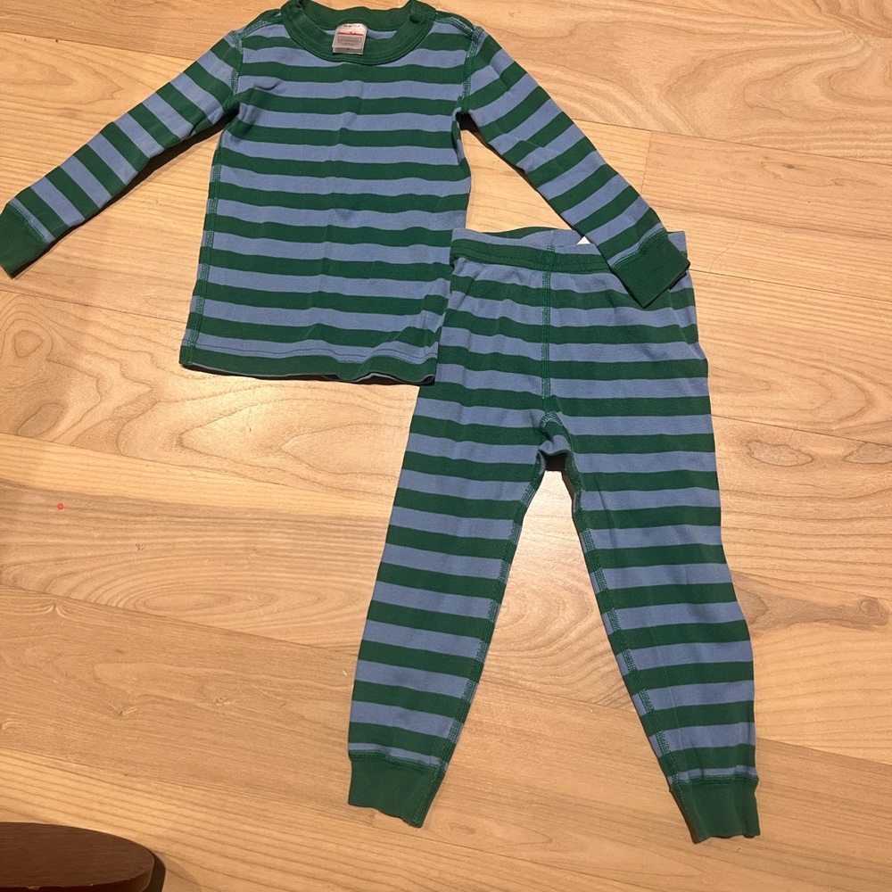 Hanna Andersson Blue/Green Striped Organic Cotton Pajamas Long Sleeve Pants Set